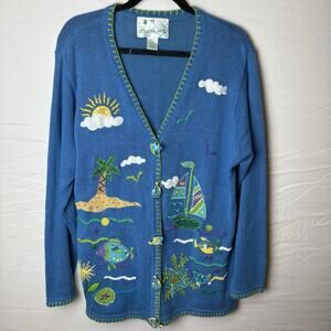 Quacker Factory Sz L Blue Cardigan Embroidered Island Boats Beach Button Covers